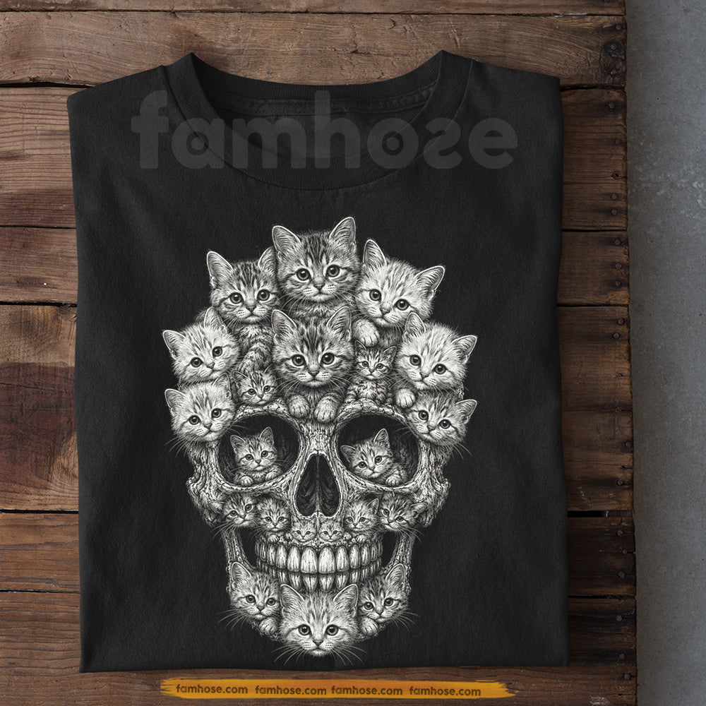 Cute Halloween Cat Skull T-Shirt, Kitten Skull Gothic Tees Spooky Season Gift For Cat Lover
