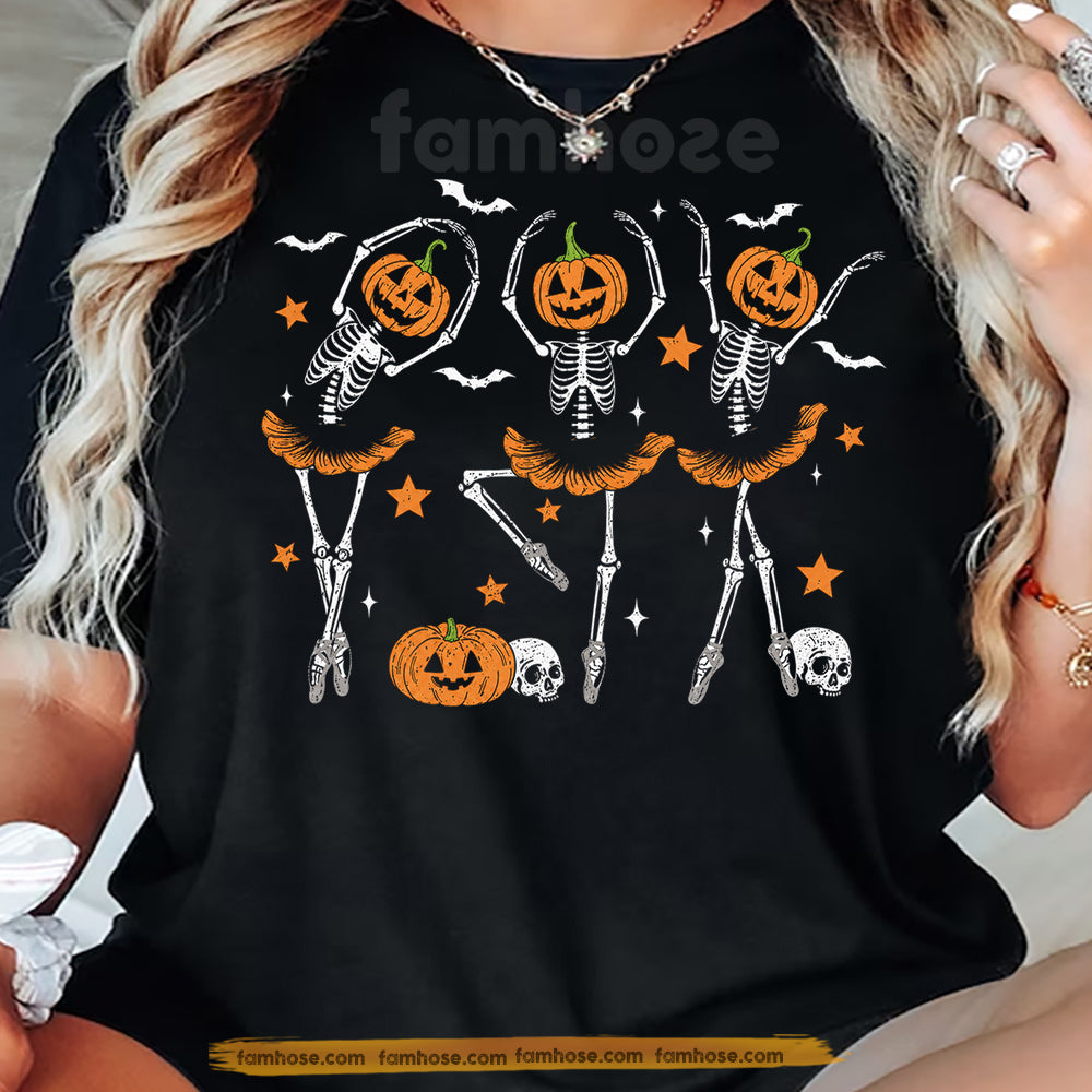 Halloween Ballet Skeleton T-Shirt, Pumpkin Head Ballerina Tees Spooky Season Gift For Ballet Lover