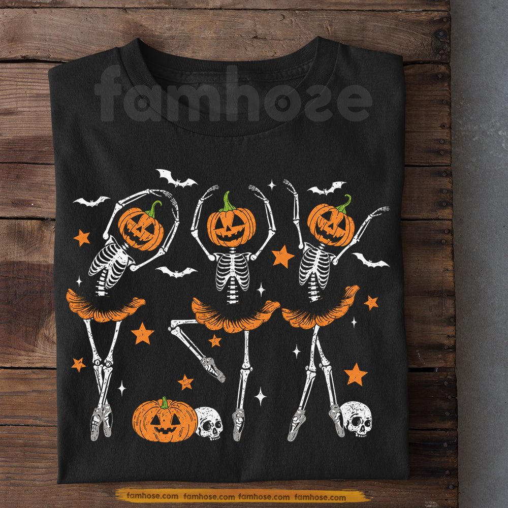 Halloween Ballet Skeleton T-Shirt, Pumpkin Head Ballerina Tees Spooky Season Gift For Ballet Lover