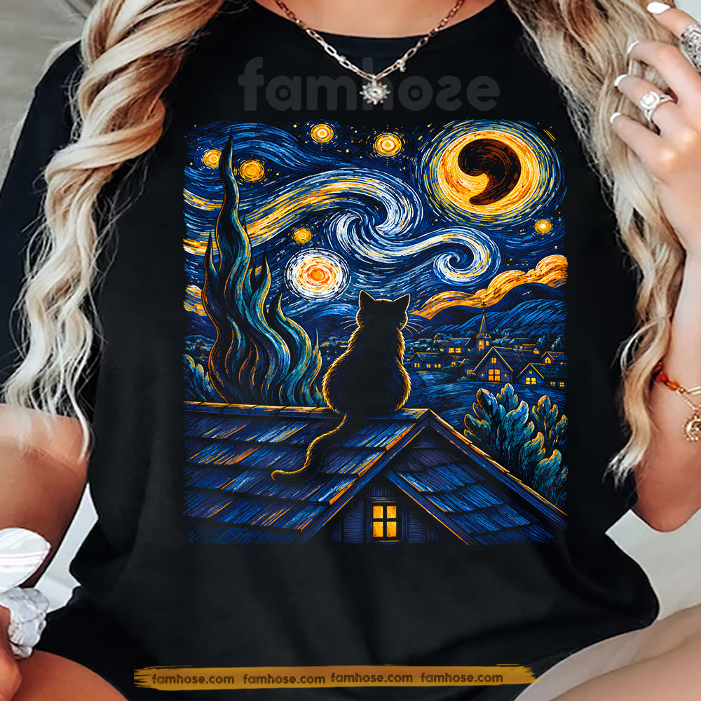 Halloween Black Cat T-shirt, Starry Night Moonlit Kitten Art Tees Spooky Season Gift For Cat Lover