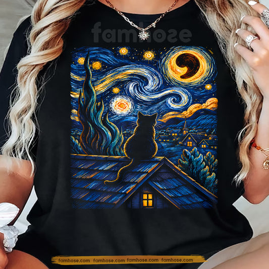 Halloween Black Cat T-shirt, Starry Night Moonlit Kitten Art Tees Spooky Season Gift For Cat Lover