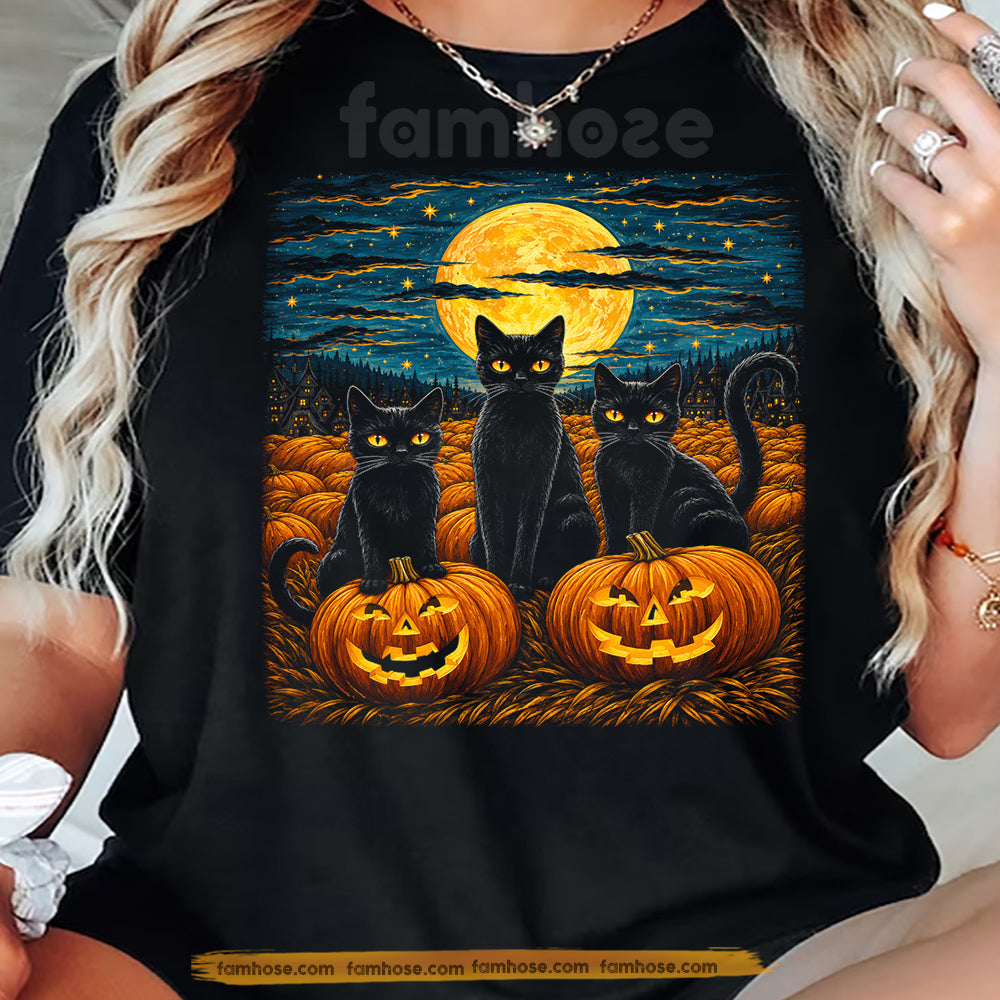 Halloween Black Cat T-Shirt, Full Moon Jack O Lantern Tees Spooky Season Gift For Cat Lover