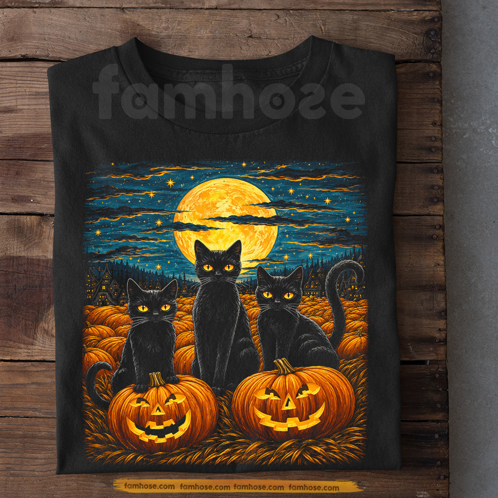 Halloween Black Cat T-Shirt, Full Moon Jack O Lantern Tees Spooky Season Gift For Cat Lover