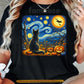 Black Cat Halloween T-shirt, Starry Night Autumn Fall Tees Spooky Season Gift For Cat Lover