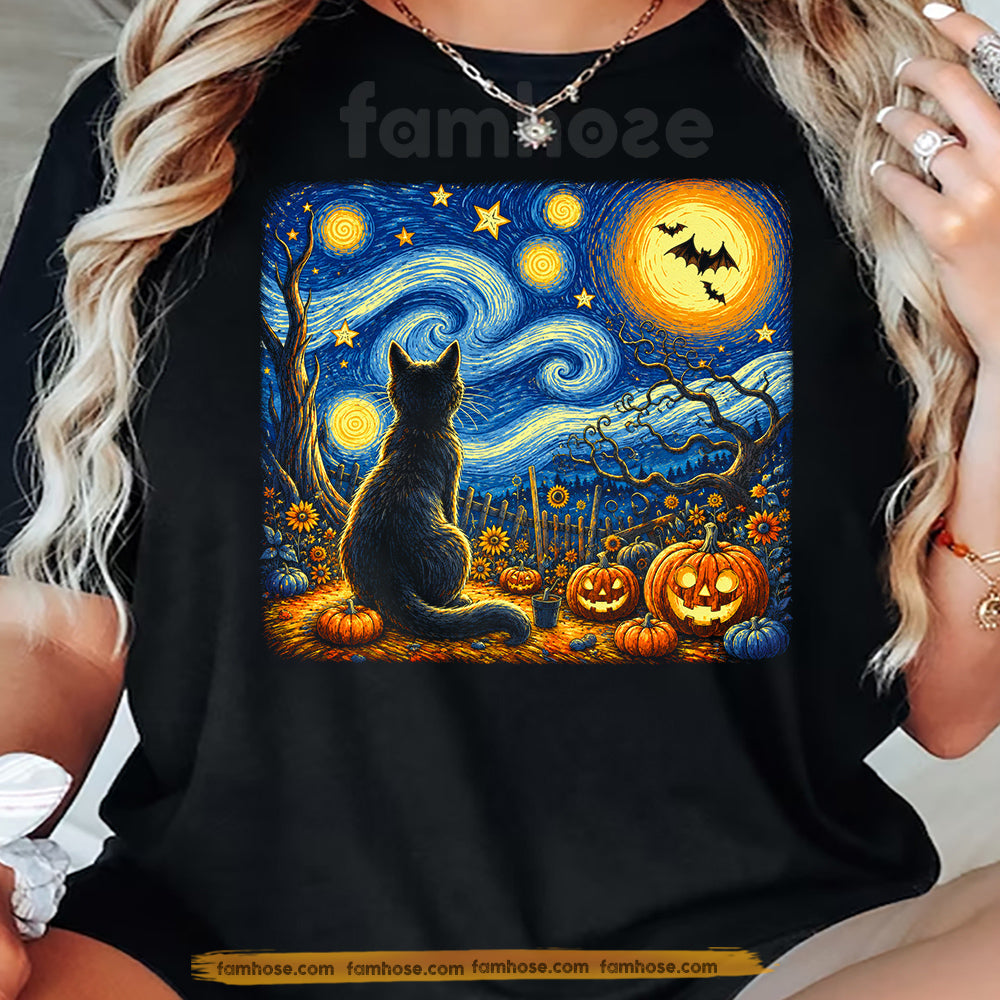 Black Cat Halloween T-shirt, Starry Night Autumn Fall Tees Spooky Season Gift For Cat Lover