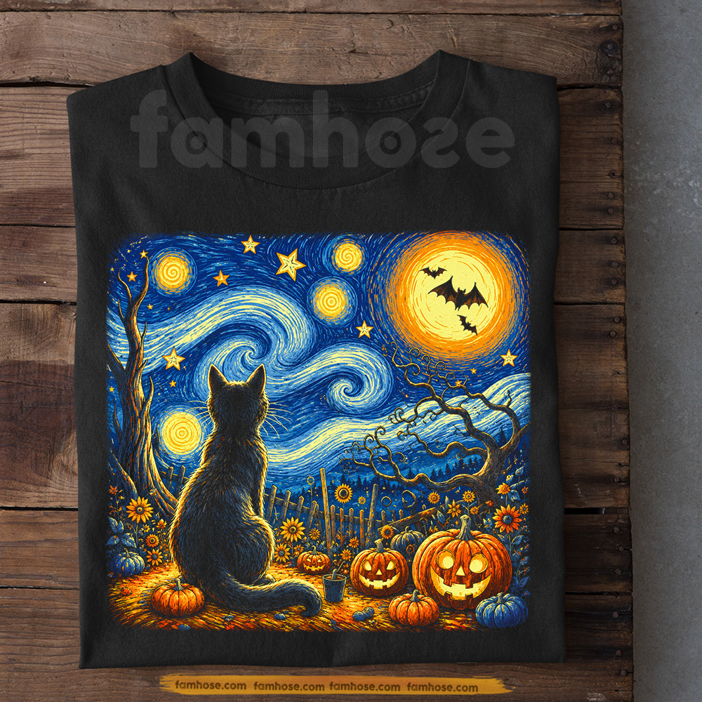 Black Cat Halloween T-shirt, Starry Night Autumn Fall Tees Spooky Season Gift For Cat Lover