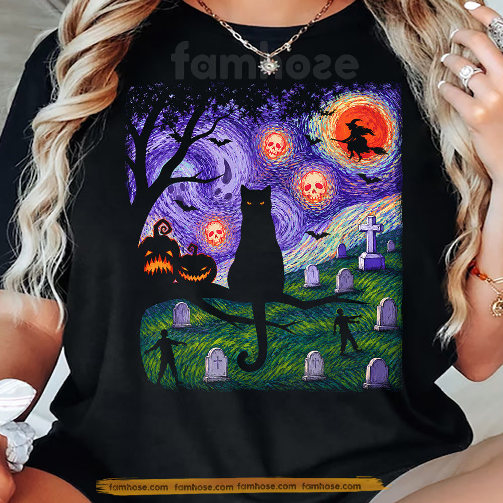 Halloween Black Cat T-shirt, Starry Night In Graveyard Tees Spooky Season Gift For Cat Lover