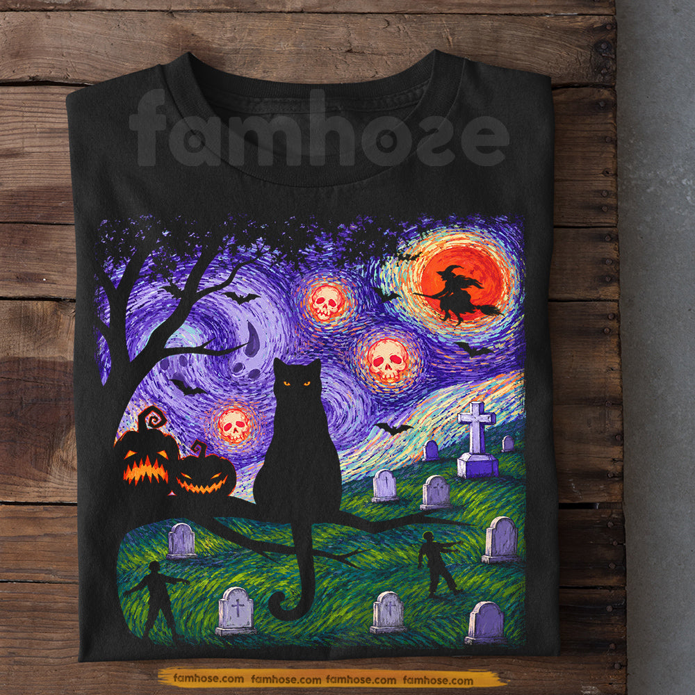 Halloween Black Cat T-shirt, Starry Night In Graveyard Tees Spooky Season Gift For Cat Lover