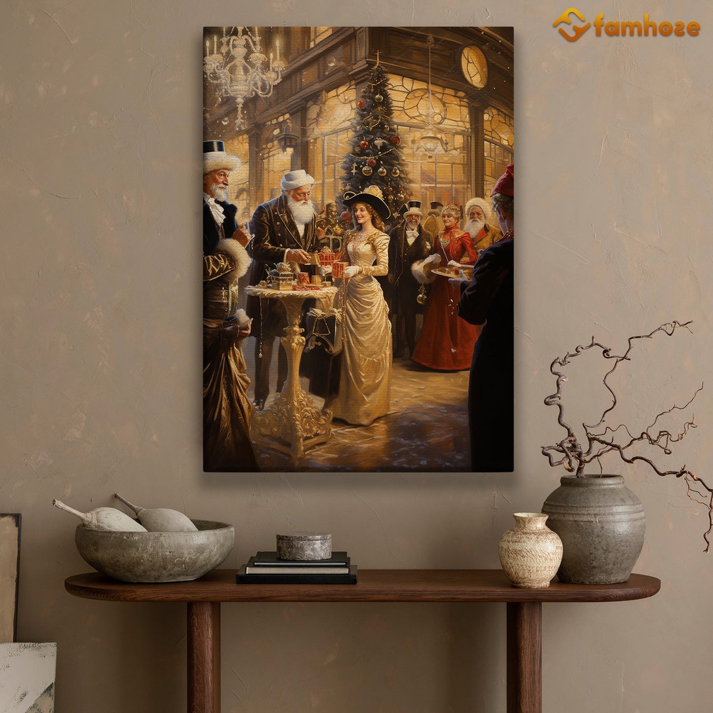 A Elegant Christmas Soiree in the Grand Halll, Victorian Christmas Canvas Painting, Xmas Wall Art Decor - Christmas Poster Gift