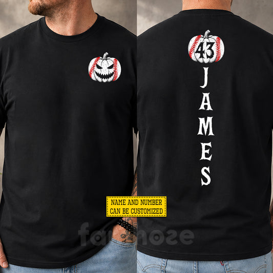 Personalized Halloween Baseball Pumpkin Two-sided T-shirt, Home Runs And Haunts Tees Spooky Season Gift For Baseball Lover