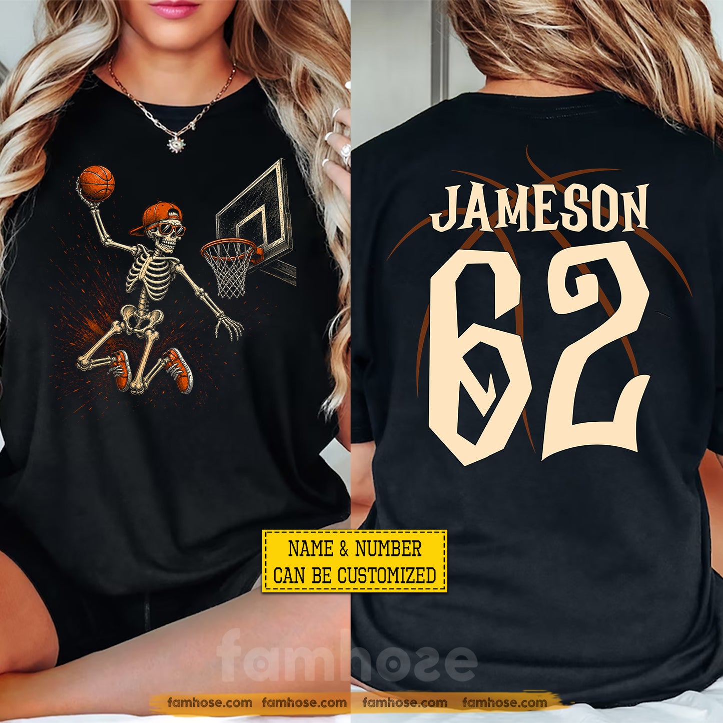 Personalized Halloween Basketball Skeleton Two-sided T-shirt, Hoops From The Grave Tees Spooky Season Gift For Basketball Lover