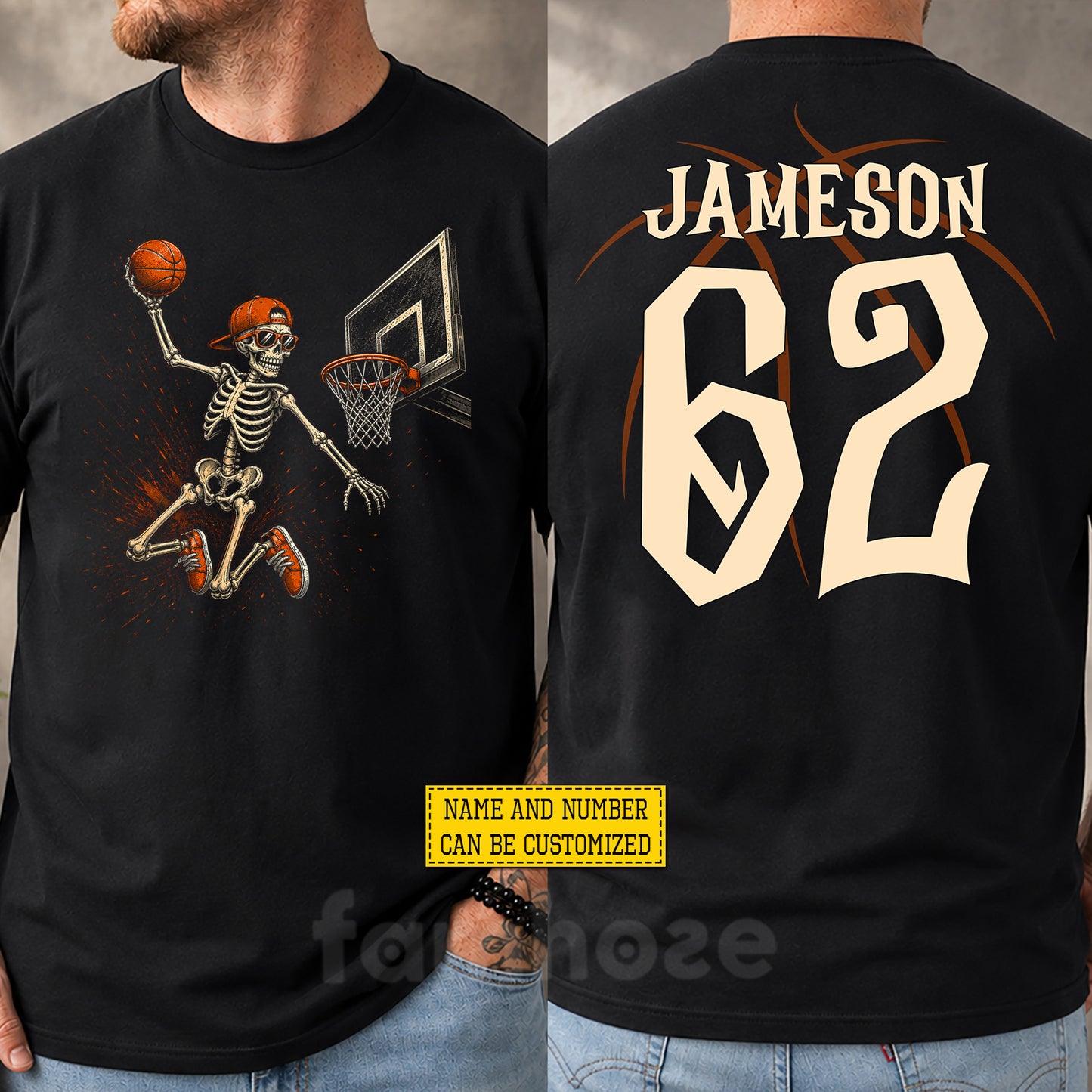 Personalized Halloween Basketball Skeleton Two-sided T-shirt, Hoops From The Grave Tees Spooky Season Gift For Basketball Lover