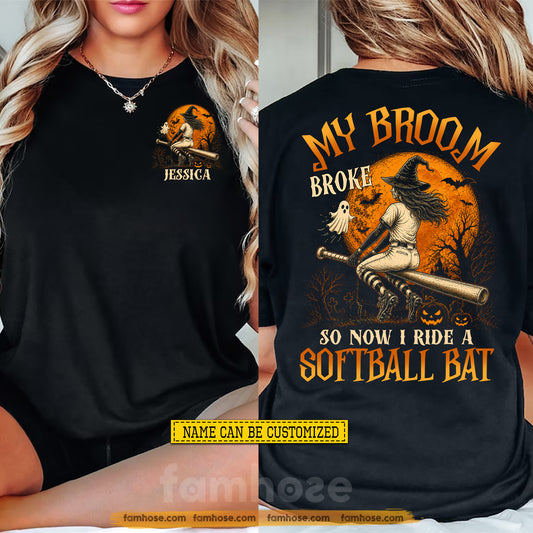 Personalized Halloween Softball Witch Two-sided T-shirt, My Broom Broke Tees Spooky Season Gift For Softball Lover