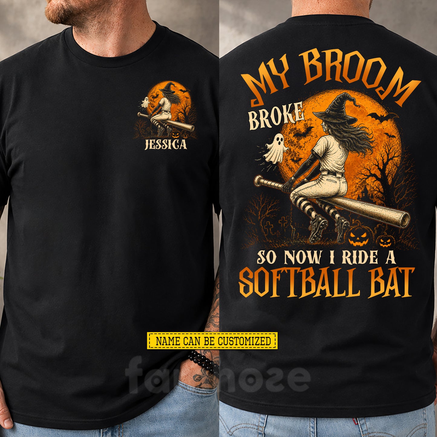Personalized Halloween Softball Witch Two-sided T-shirt, My Broom Broke Tees Spooky Season Gift For Softball Lover