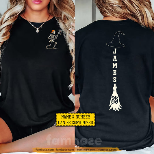 Personalized Halloween Lacrosse Skeleton Two-sided T-shirt, Wicked On The Field Tees Spooky Season Gift For Lacrosse Lover