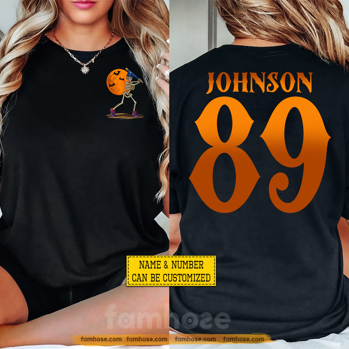 Personalized Halloween Baseball Two-sided T-shirt, Skeleton Baseball Player Tees Spooky Season Gift For Baseball Lover