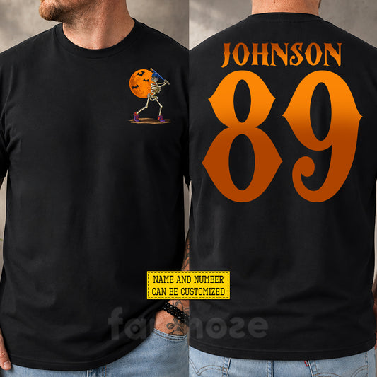 Personalized Halloween Baseball Two-sided T-shirt, Skeleton Baseball Player Tees Spooky Season Gift For Baseball Lover