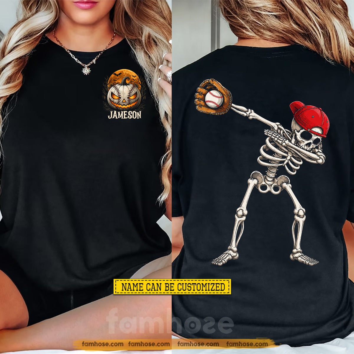 Personalized Halloween Baseball Two-sided T-shirt, Skeleton Baseball Player Tees Spooky Season Gift For Baseball Lover