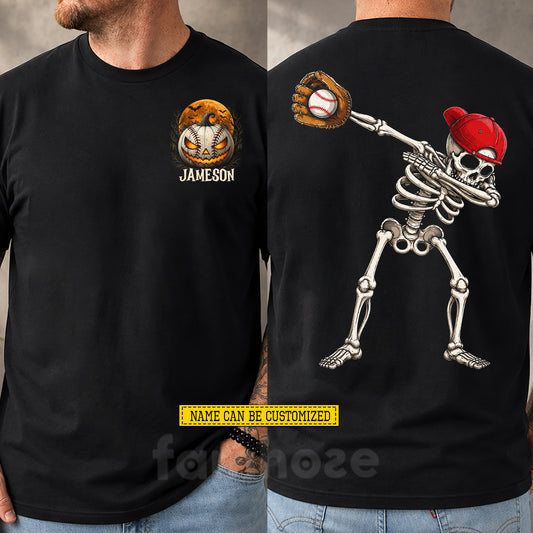 Personalized Halloween Baseball Two-sided T-shirt, Skeleton Baseball Player Tees Spooky Season Gift For Baseball Lover