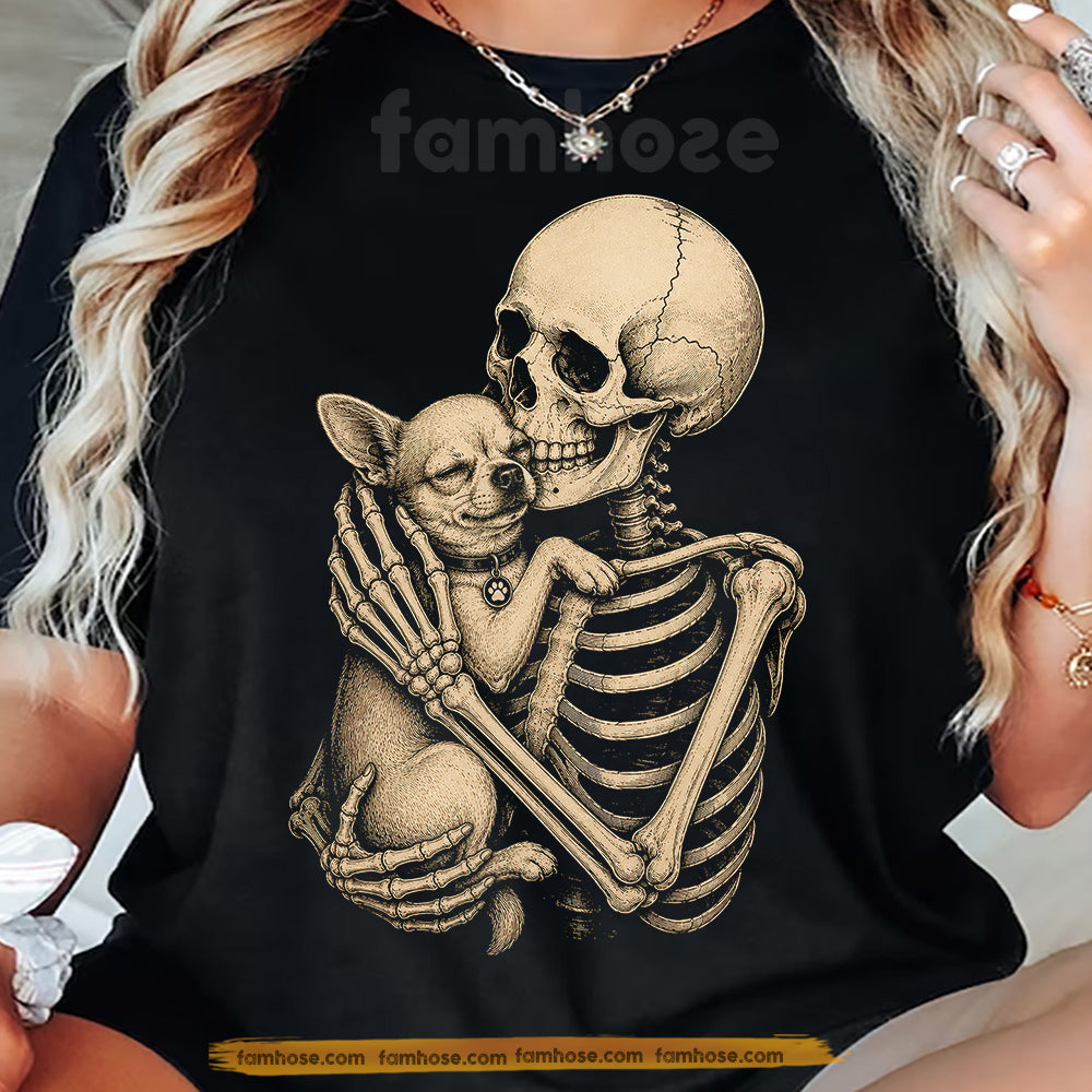 Cute Halloween Chihuahua Dog T-Shirt, Skeleton Hugging Chihuahua Tees Spooky Season Gift For Dog Lover