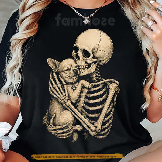 Cute Halloween Chihuahua Dog T-Shirt, Skeleton Hugging Chihuahua Tees Spooky Season Gift For Dog Lover