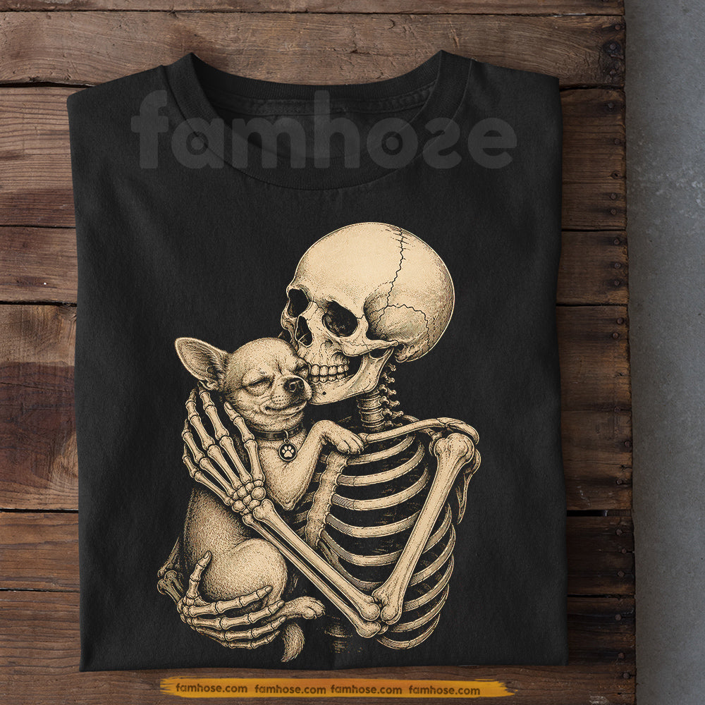 Cute Halloween Chihuahua Dog T-Shirt, Skeleton Hugging Chihuahua Tees Spooky Season Gift For Dog Lover