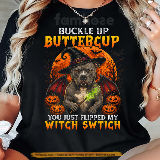 Funny Halloween Pit Bull Dog Witch T-Shirt, Buckle Up Buttercup Tees Spooky Season Gift For Dog Lover