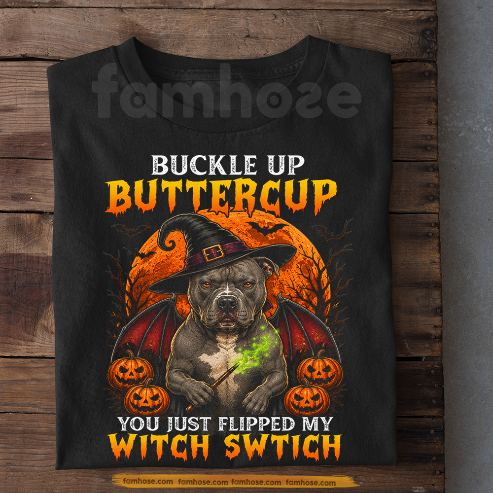 Funny Halloween Pit Bull Dog Witch T-Shirt, Buckle Up Buttercup Tees Spooky Season Gift For Dog Lover