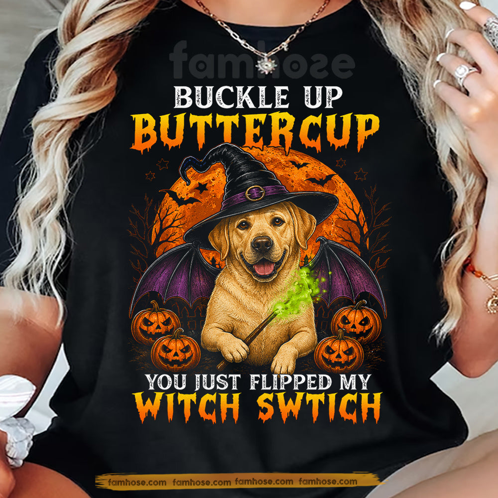 Funny Halloween Labrador Dog Witch T-Shirt, Buckle Up Buttercup Tees Spooky Season Gift For Dog Lover