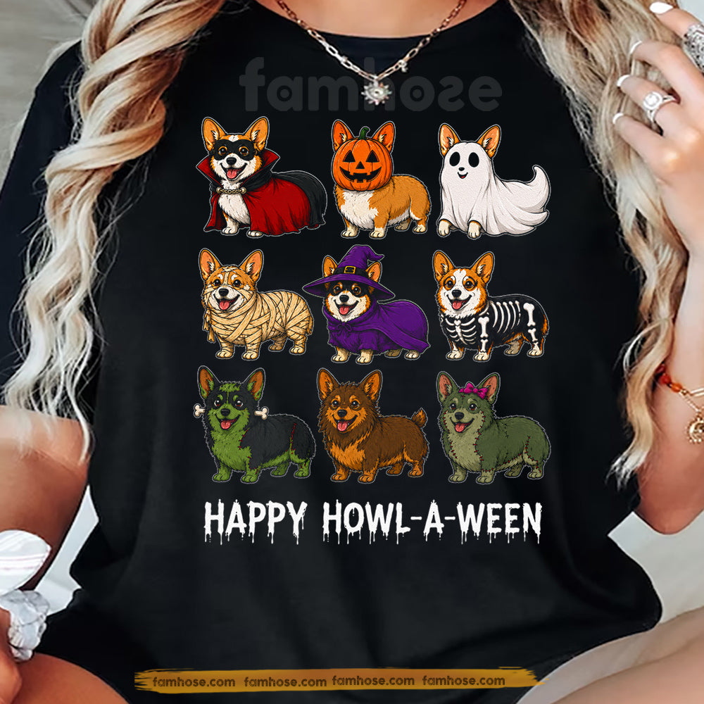 Funny Halloween Corgi Dog Costume T-Shirt, Happy Howl-A-Ween Tees Spooky Season Gift For Corgi Dog Lover