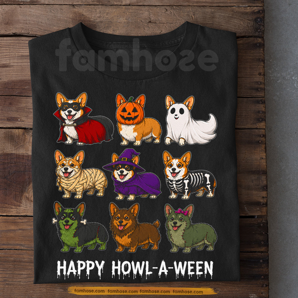 Funny Halloween Corgi Dog Costume T-Shirt, Happy Howl-A-Ween Tees Spooky Season Gift For Corgi Dog Lover