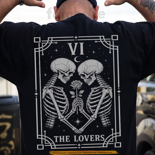 Vintage Halloween Skeleton Backside T-shirt, The Lovers Tarot Card Spooky Season Tees Gothic Gift For Skeleton Lover