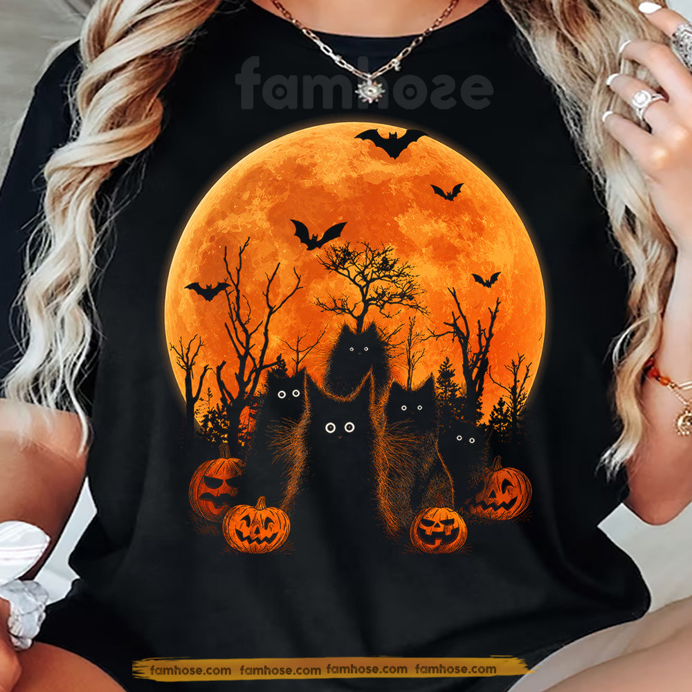 Halloween Black Cat T-shirt, Spooky Full Moon Cat Tees Spooky Season Gift For Cat Lover