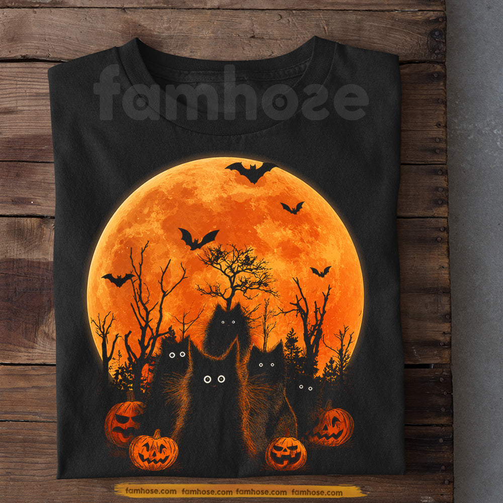 Halloween Black Cat T-shirt, Spooky Full Moon Cat Tees Spooky Season Gift For Cat Lover