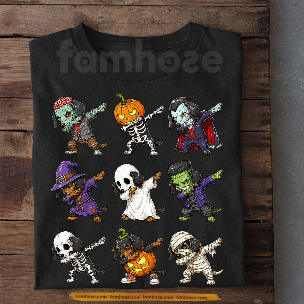 Funny Halloween Dachshund Dog Costume T-Shirt, Dabbing Wiener Dog Tees Spooky Season Gift For Dog Lover