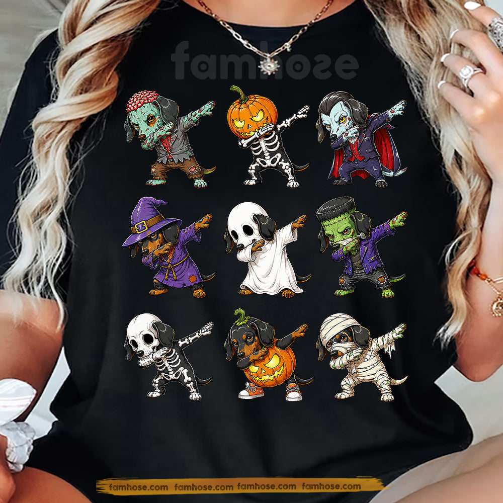 Funny Halloween Dachshund Dog Costume T-Shirt, Dabbing Wiener Dog Tees Spooky Season Gift For Dog Lover