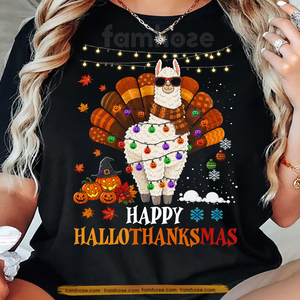 Halloween Thanksgiving Christmas llama T-shirt, Happy Hallothanksmas Tees Spooky Season Gift For llama Lover