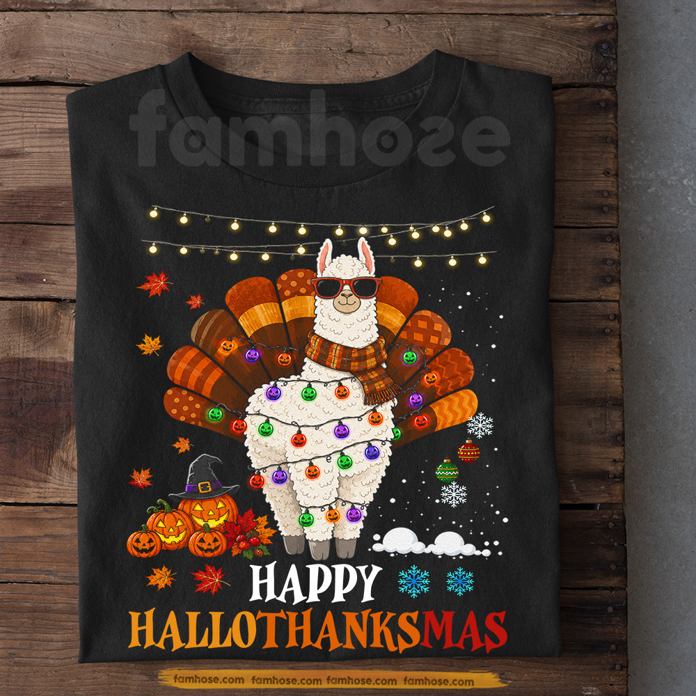 Halloween Thanksgiving Christmas llama T-shirt, Happy Hallothanksmas Tees Spooky Season Gift For llama Lover