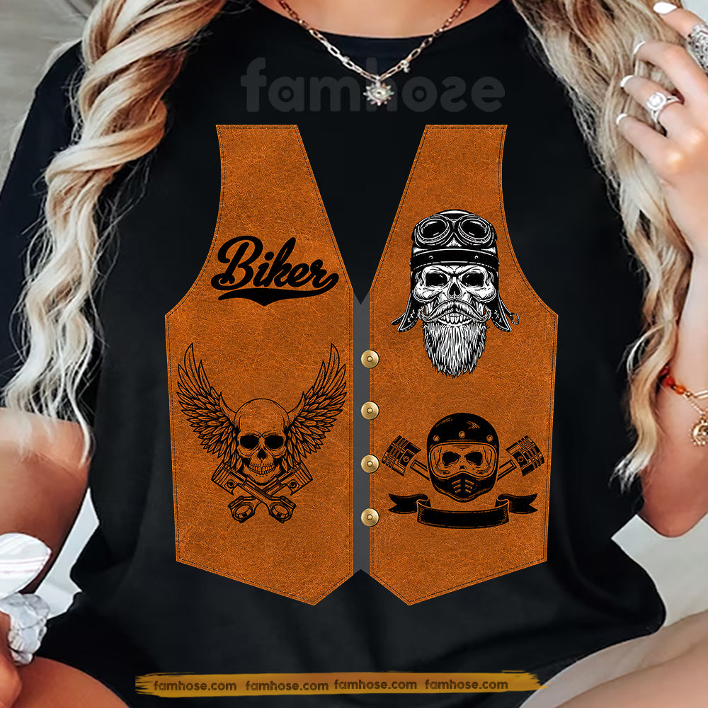 Biker Vest Halloween Costume T-shirt, Motorcycle Leather Vest Skull Rider Tees Spooky Season Gift For Bikers