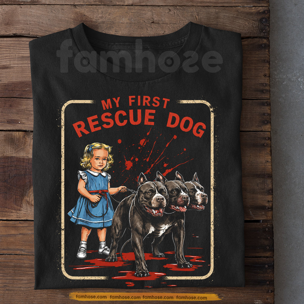 Funny Halloween Pitbull Dog T-Shirt, My First Rescue Dog Tees Horror Spooky Season Gift For Dog Lover