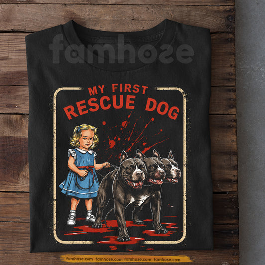 Funny Halloween Pitbull Dog T-Shirt, My First Rescue Dog Tees Horror Spooky Season Gift For Dog Lover