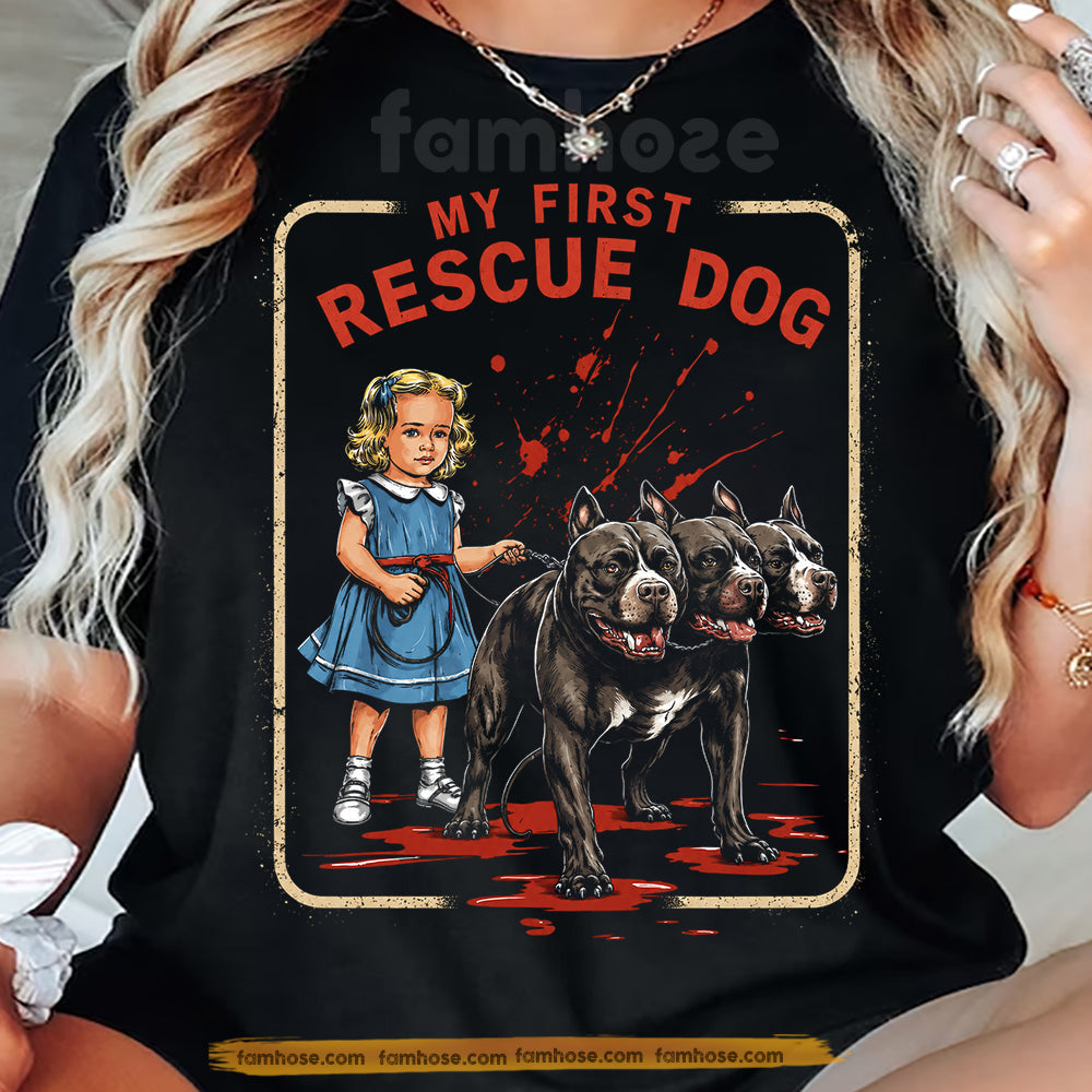 Funny Halloween Pitbull Dog T-Shirt, My First Rescue Dog Tees Horror Spooky Season Gift For Dog Lover