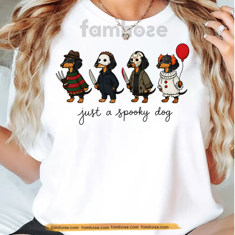 Funny Halloween Dachshund Dog T-shirt, Just A Spooky Dog Horror Movie Wiener Dog Tees Fall Spooky Season Gift For Dog Lover