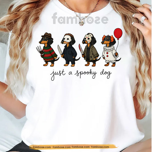 Funny Halloween Dachshund Dog T-shirt, Just A Spooky Dog Horror Movie Wiener Dog Tees Fall Spooky Season Gift For Dog Lover