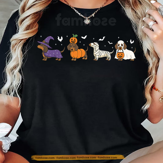 Cute Halloween Dachshund Dog T-Shirt, Funny Witch Pumpkin Ghost Mummy Doxie Tees Spooky Season Gift For Wiener Dog Lover