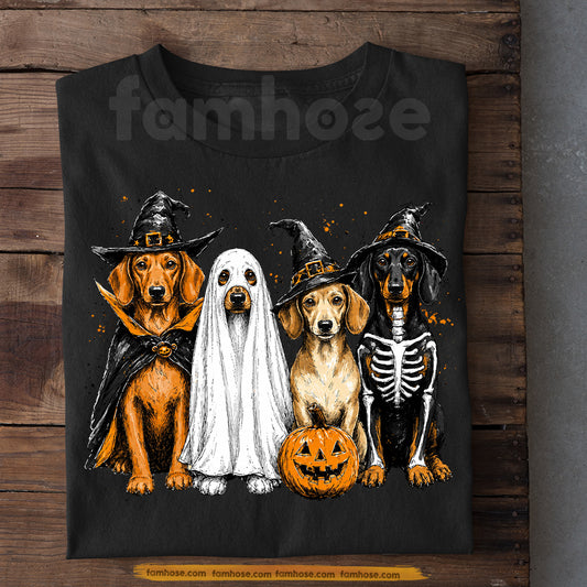 Halloween Dachshund Dog T-Shirt, Cute Ghost Witch Skeleton Wiener Dog Tees Spooky Season Gift For Dog Lover