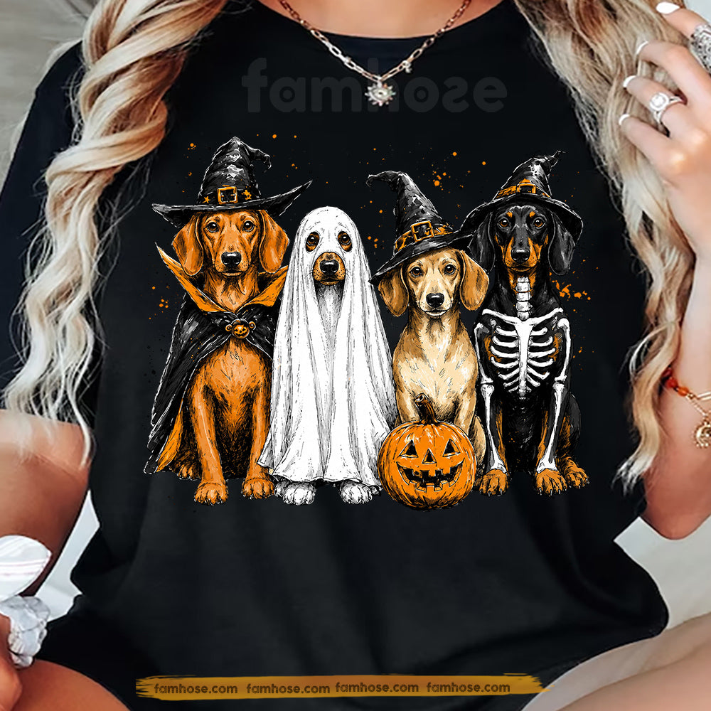Halloween Dachshund Dog T-Shirt, Cute Ghost Witch Skeleton Wiener Dog Tees Spooky Season Gift For Dog Lover