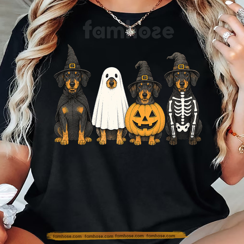 Funny Halloween Dachshund Dog T-Shirt, Cute Witch Ghost Pumpkin Skeleton Wiener Dog Tees Spooky Season Gift For Dog Lover
