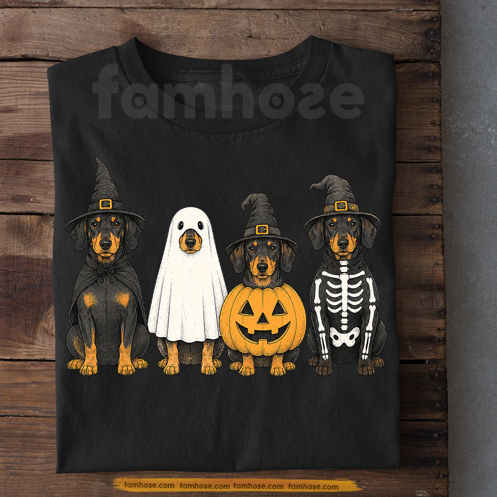 Funny Halloween Dachshund Dog T-Shirt, Cute Witch Ghost Pumpkin Skeleton Wiener Dog Tees Spooky Season Gift For Dog Lover