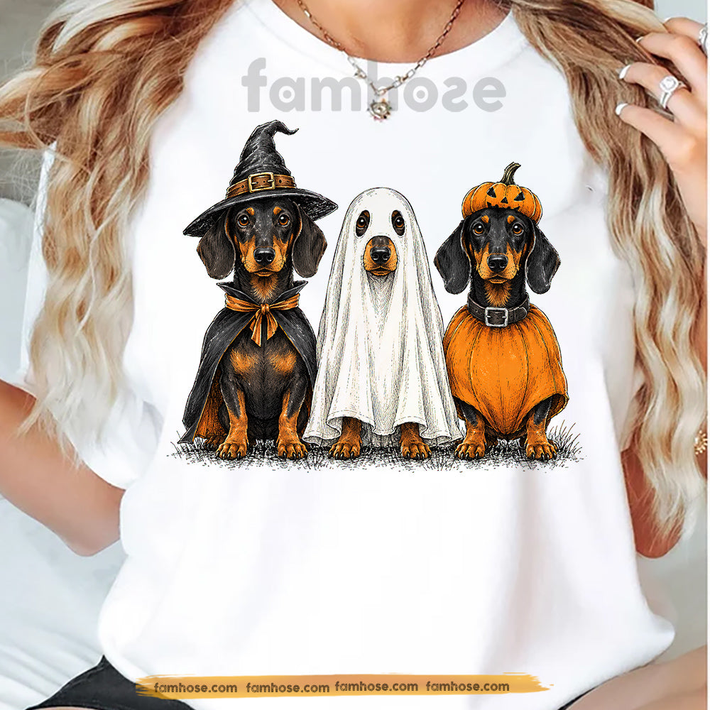 Halloween Dachshund Dog T-shirt, Cute Wiener Dog Ghost Witch Pumpkin Costume Tees Spooky Season Gift For Dog Lover